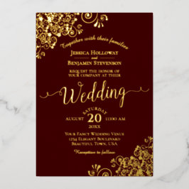 Invitación Con Relieve Metalizado Elegante encaje dorado sobre el Boda Auburn Brown