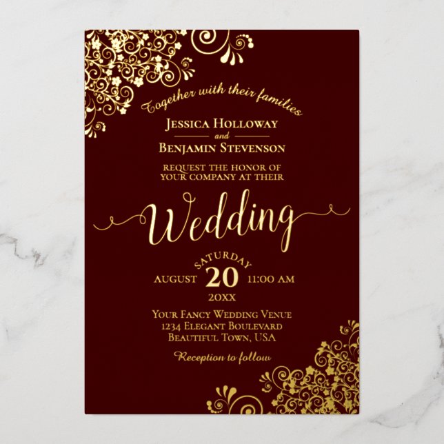 Invitación Con Relieve Metalizado Elegante encaje dorado sobre el Boda Auburn Brown (Anverso)