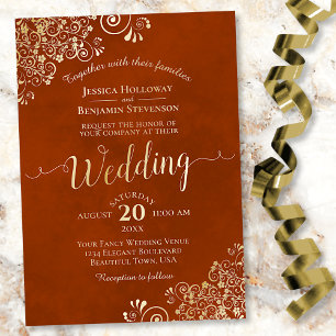 Invitación Con Relieve Metalizado Elegante encaje dorado sobre un vestido de novia f