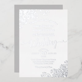 Invitación Con Relieve Metalizado Elegante encaje plateado sobre Boda blanco clásico