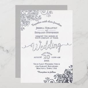 Invitación Con Relieve Metalizado Elegante encaje plateado sobre Boda blanco clásico