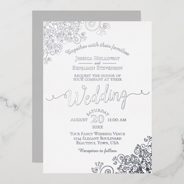 Invitación Con Relieve Metalizado Elegante encaje plateado sobre Boda blanco clásico (Anverso/Reverso)