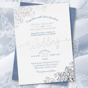 Invitación Con Relieve Metalizado Elegante encaje plateado y azul polvoriento sobre