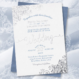 Invitación Con Relieve Metalizado Elegante encaje plateado y azul turbio sobre Boda 