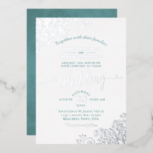 Invitación Con Relieve Metalizado Elegante encaje plateado y azul turquesa sobre bod