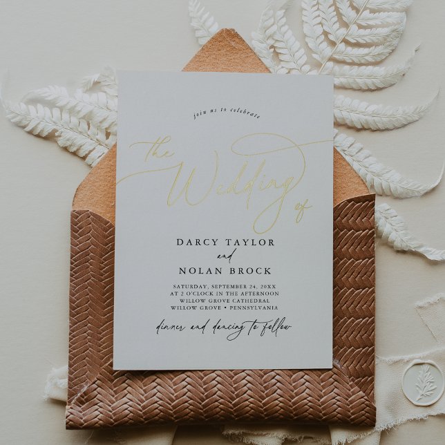 Invitación Con Relieve Metalizado Elegante encanto blanco Relieve metalizado dorado  (Elegant Charm Black White Gold Foil Wedding Invite)