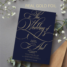 Invitación Con Relieve Metalizado Elegante escritura de caligrafía oro azul de boda 