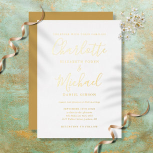 Invitación Con Relieve Metalizado Elegante escritura de firma Boda Oro