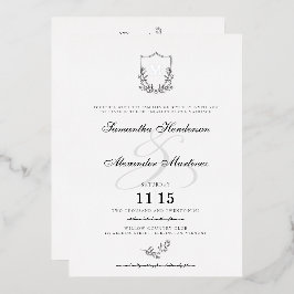 Invitación Con Relieve Metalizado Elegante Escudo blanco y negro con Boda de detalle