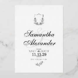 Invitación Con Relieve Metalizado Elegante Escudo blanco y negro salva la fecha