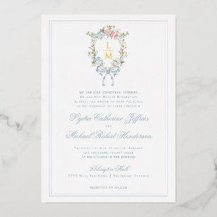 Invitación Con Relieve Metalizado Elegante Escudo de guirnaldas florales Boda de m