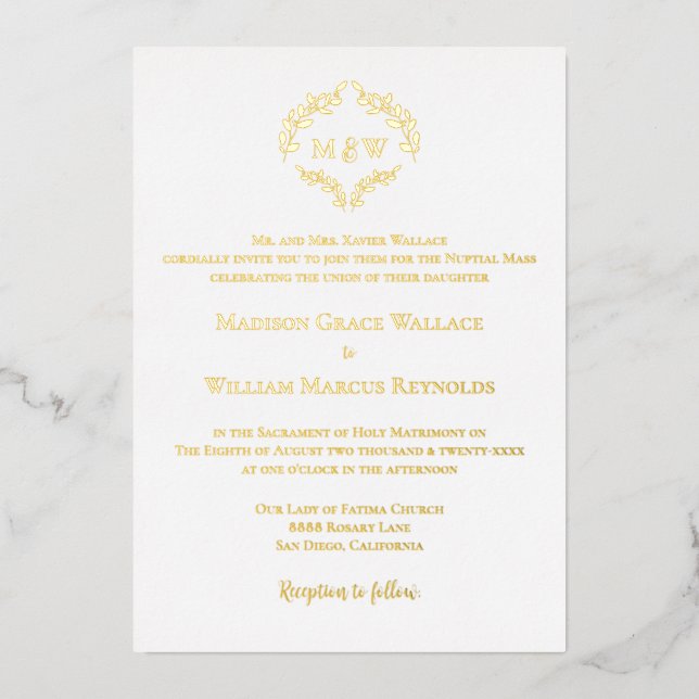 Invitación Con Relieve Metalizado Elegante Escudo de Monograma Real de oro y blanco  (Anverso)