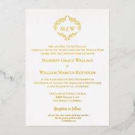 Invitación Con Relieve Metalizado Elegante Escudo dorado y blanco Boda católico mode