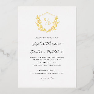 Invitación Con Relieve Metalizado Elegante Escudo floral Minimalista Monograma Boda