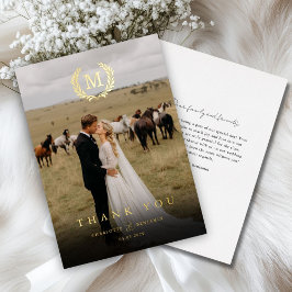 Invitación Con Relieve Metalizado Elegante Escudo Monograma 1 Foto Gracias Boda