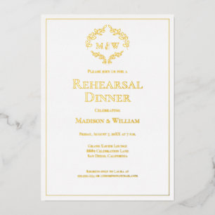 Invitación Con Relieve Metalizado Elegante Escudo Monograma boda ensayo cena