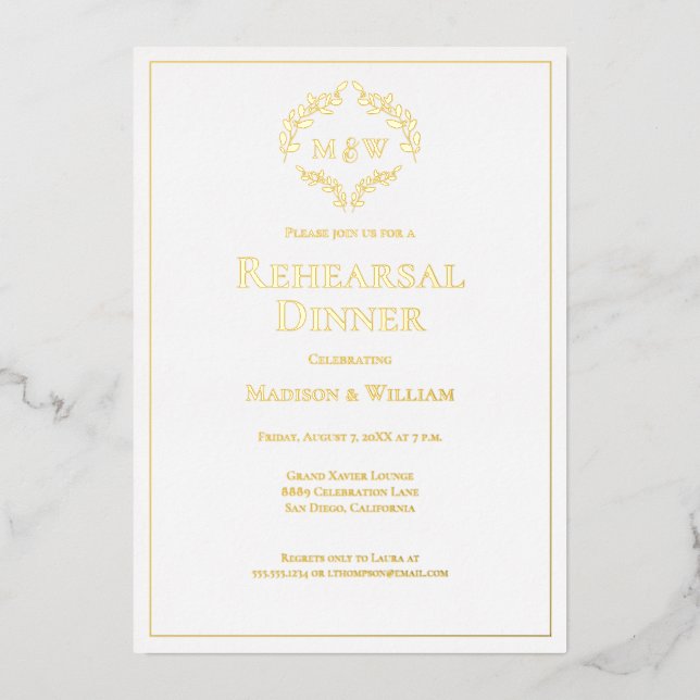 Invitación Con Relieve Metalizado Elegante Escudo Monograma boda ensayo cena (Anverso)