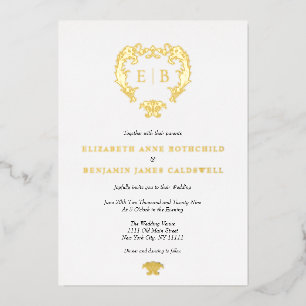 Invitación Con Relieve Metalizado Elegante Escudo Monograma Boda Oro