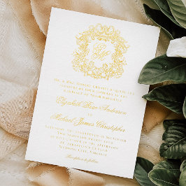Invitación Con Relieve Metalizado Elegante Escudo Vintage Monograma Boda Oro