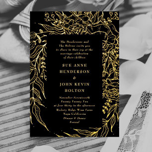 Invitación Con Relieve Metalizado Elegante Esmoquin Negro Ónix Corona Dorada Boda
