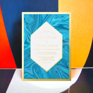 Invitación Con Relieve Metalizado Elegante estilo Pastel Azul Abstracto Boda Oro