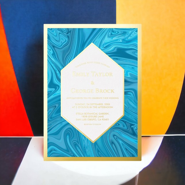 Invitación Con Relieve Metalizado Elegante estilo Pastel Azul Abstracto Boda Oro (Subido por el creador)