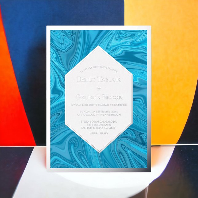 Invitación Con Relieve Metalizado Elegante estilo Pastel Azul Abstracto Boda Plata (Subido por el creador)