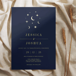 Invitación Con Relieve Metalizado Elegante Estrella Mínima Luna Marina Celeste