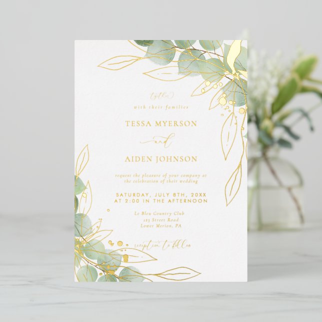Invitación Con Relieve Metalizado Elegante Eucalyptus Boda Gold (Anverso de pie)