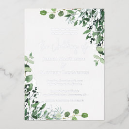 Invitación Con Relieve Metalizado Elegante Eucalyptus Boda Plata