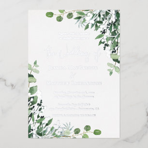 Invitación Con Relieve Metalizado Elegante Eucalyptus Boda Plata