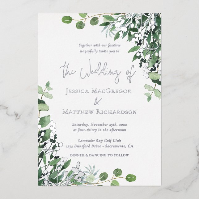 Invitación Con Relieve Metalizado Elegante Eucalyptus Boda Plata (Anverso)