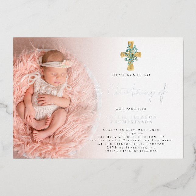 Invitación Con Relieve Metalizado Elegante Eucalyptus Cross Photo Christening Real (Anverso)
