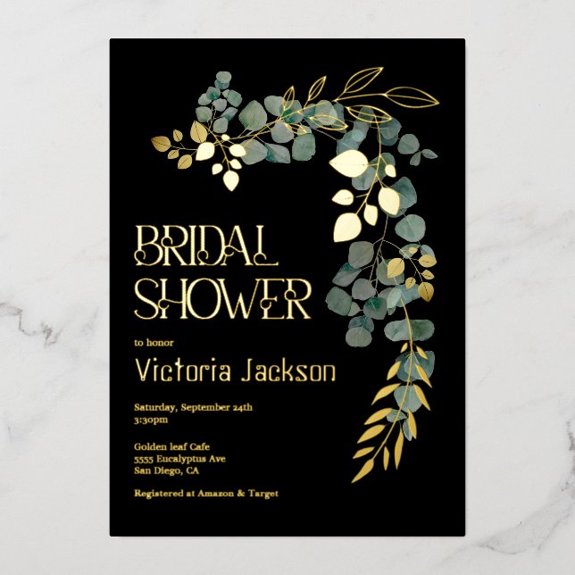 Invitación Con Relieve Metalizado Elegante Eucalyptus deja ducha de novia (Anverso)