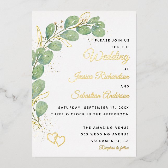 Invitación Con Relieve Metalizado Elegante Eucalyptus Greenery Boda (Anverso)