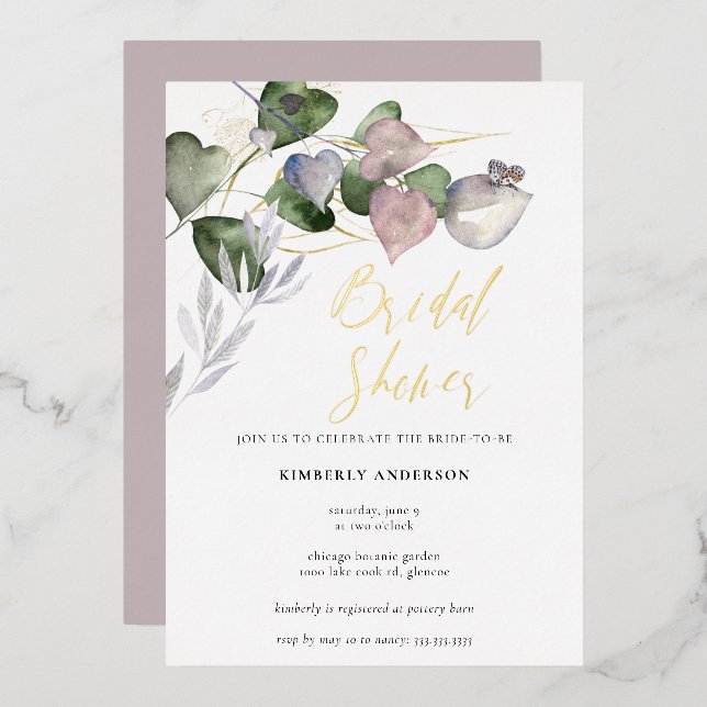 Invitación Con Relieve Metalizado Elegante Eucalyptus Greenery Boda Bridal Shower (Anverso/Reverso)
