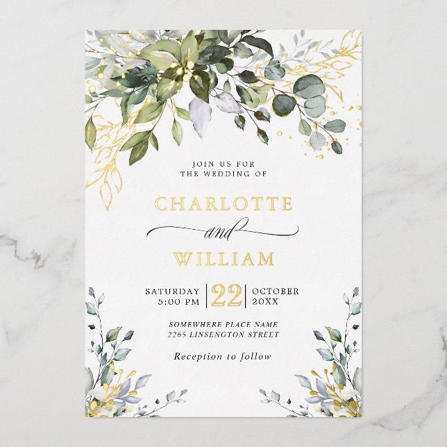 Invitación Con Relieve Metalizado Elegante Eucalyptus Greenery Boda Gold (Anverso)