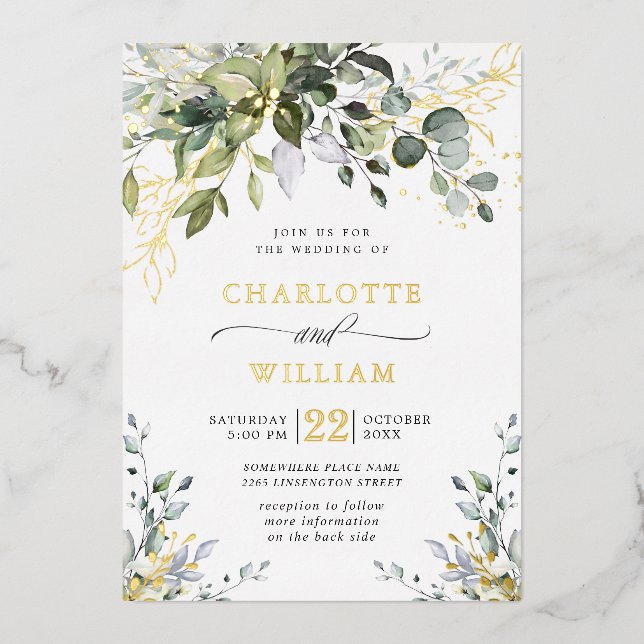 Invitación Con Relieve Metalizado Elegante Eucalyptus Greenery Boda Gold (Anverso)