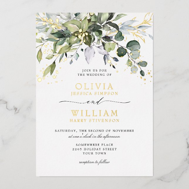 Invitación Con Relieve Metalizado Elegante Eucalyptus Greenery Boda Gold (Anverso)