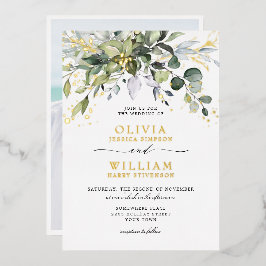 Invitación Con Relieve Metalizado Elegante Eucalyptus Greenery Boda Photo Gold