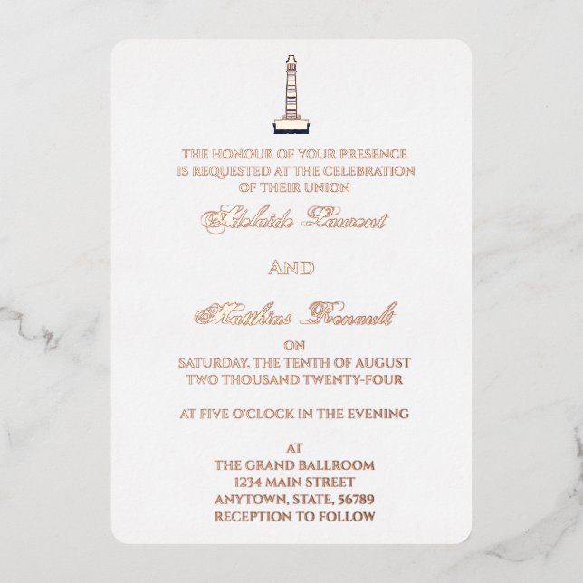Invitación Con Relieve Metalizado Elegante Faro Boda Náutico - Azul marino, (Anverso)
