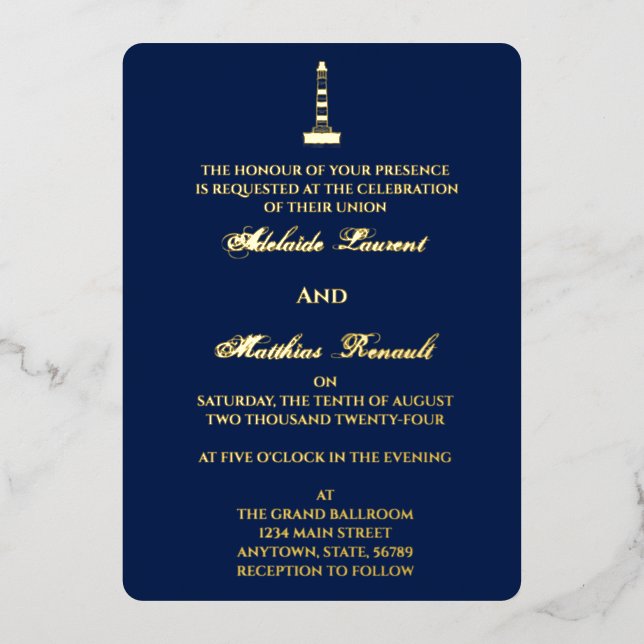 Invitación Con Relieve Metalizado Elegante Faro Boda Náutico - Azul marino, (Anverso)