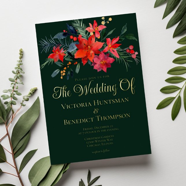 Invitación Con Relieve Metalizado Elegante feriado Floral Boda de Invierno Oro Verde (Subido por el creador)