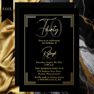 Invitación Con Relieve Metalizado Elegante Fiesta Art Déco Cumpleaños 30 en Negro y