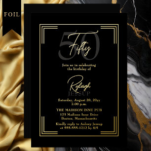 Invitación Con Relieve Metalizado Elegante Fiesta Art Déco Cumpleaños 50 Negro Oro