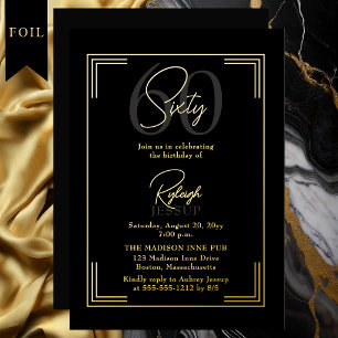 Invitación Con Relieve Metalizado Elegante Fiesta Art Déco Cumpleaños 60 en Negro y 