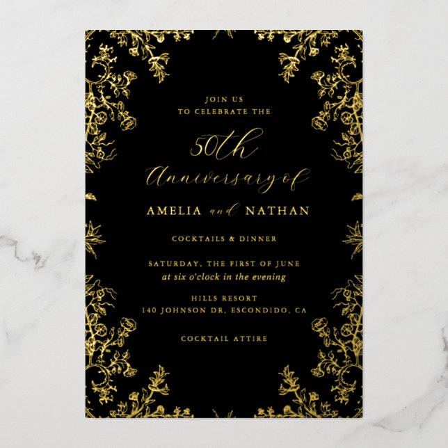 Invitación Con Relieve Metalizado Elegante Fiesta de 50 Aniversario del Oro Negro Vi (Anverso)