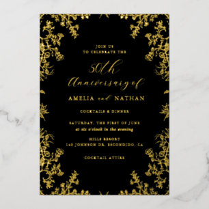 Invitación Con Relieve Metalizado Elegante fiesta de aniversario 50 dorado negro Vin
