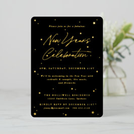 Invitación Con Relieve Metalizado Elegante Fiesta de Año Nuevo de Estrellas Negras +