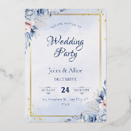 Invitación Con Relieve Metalizado Elegante fiesta de boda floral azul